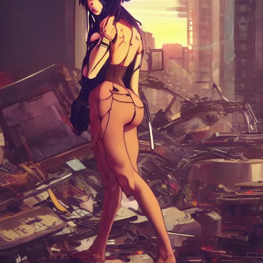 Image similar to a full body Anime cyberpunk ninja babe standing on a pile of destroyed machines, by artgerm and Alphonse Mucha, cinematic, dramatic lighting, post-apocalypse realistic