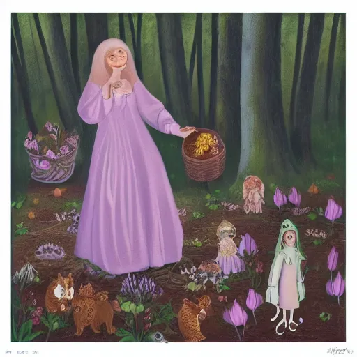 Image similar to random, intuitive by leticia gillett, by jozsef rippl - ronai light violet. a experimental art of a vasilisa standing in the forest, surrounded by animals. she is holding a basket of flowers in one hand & a spindle in the other. gentle expression. in the background, the forest is dark & mysterious.