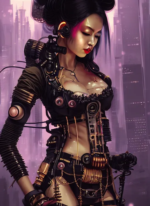 Prompt: soft lustrous ebony geisha seductive raver gutter punk steampunk cyborg, golden ratio, details, scifi, fantasy, cyberpunk city, intricate, decadent, highly detailed, octane render, digital painting, artstation, concept art, sharp focus, illustration, art by artgerm, loish, wlop