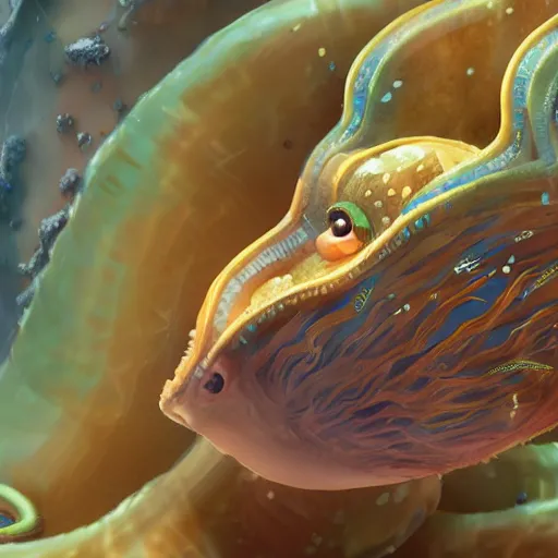 Image similar to close-up of a sea slug looking like fantasy characters with faces in its habitat, trending on artstation