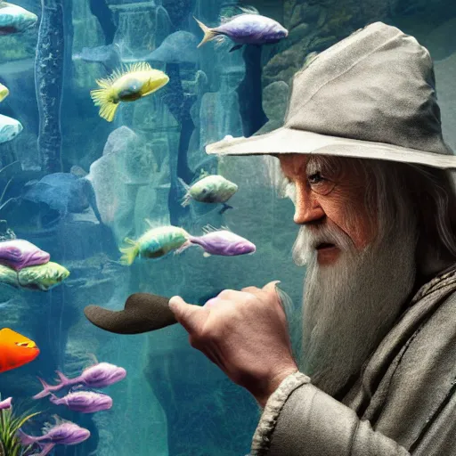 Prompt: Gandalf wearing a hat in an aquarium surrounded by swimming fish, unreal engine, octane render, ray tracing