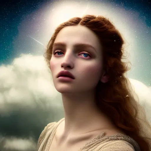 Image similar to photographic portrait of a stunningly beautiful renaissance female in soft dreamy moonlight clouds and stars, contemporary fashion shoot, by edward robert hughes, annie leibovitz and steve mccurry, david lazar, jimmy nelsson, breathtaking, 8 k resolution, extremely detailed, beautiful, establishing shot, artistic, hyperrealistic, beautiful face, octane render