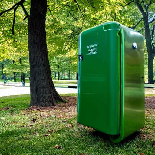 Prompt: green refrigerator on a leash in central park