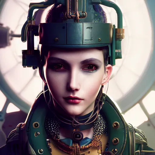 Prompt: portrait of an cyber artist, steampunk, high detail, beautiful light, depth of field, sharp focus, clean design, 4 k, octane render