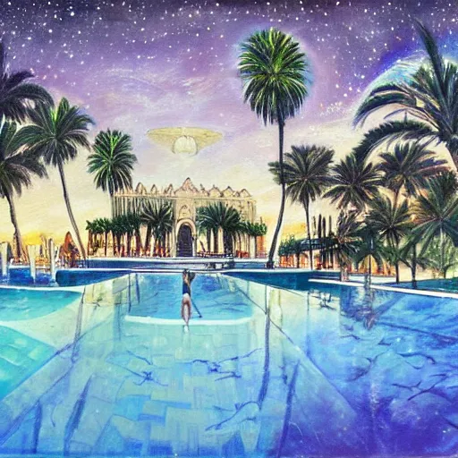 Prompt: a beautiful painting of a tiled pool surrounded by tall palm trees and egyptian architecture underneath a star and nebula filled night sky