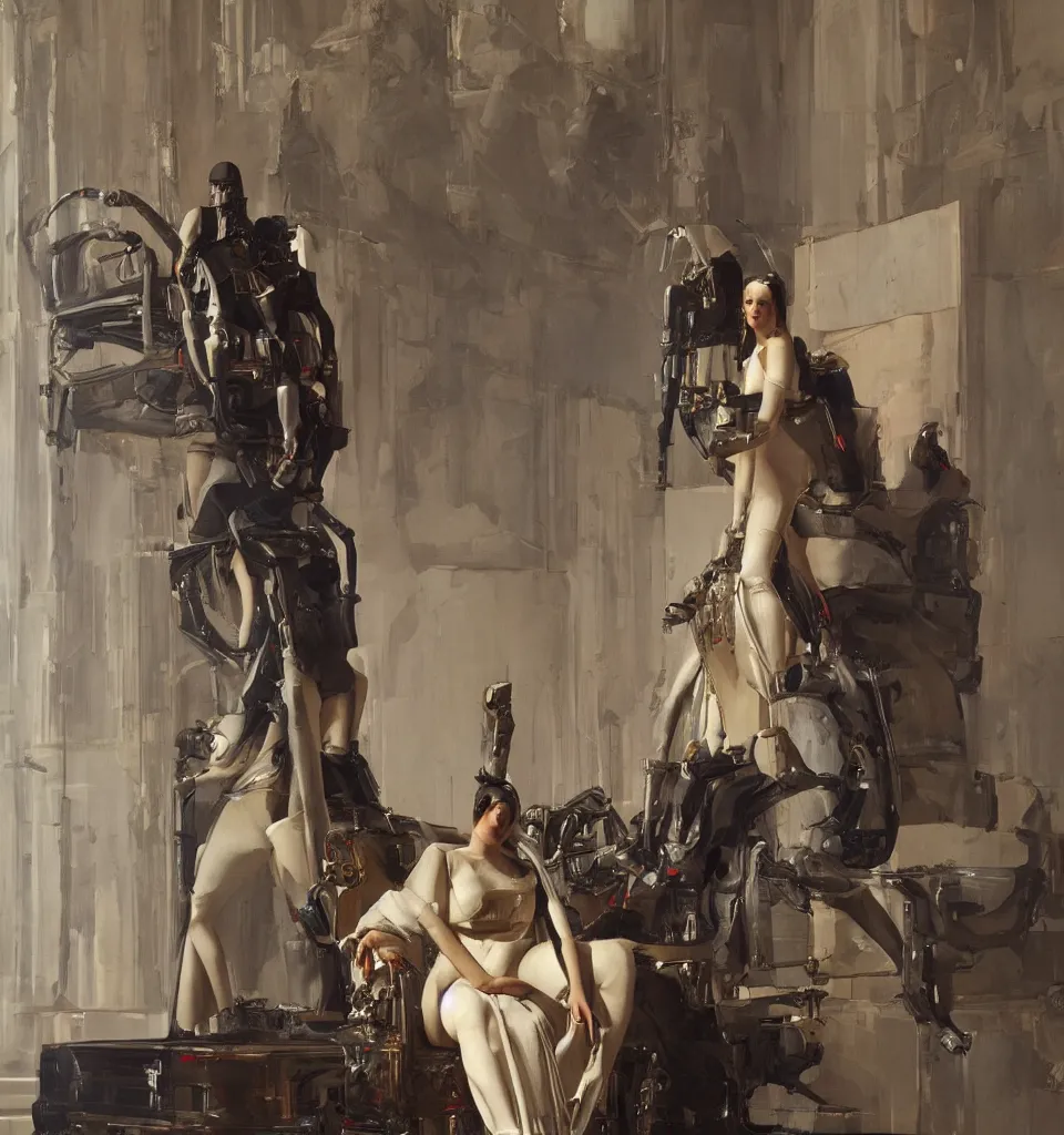 Image similar to splendid tall ingres slavian comtessa cyborg painting, greg rutkowski, on her throne