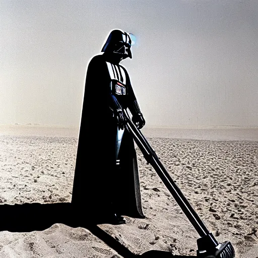 Prompt: darth vader vacuuming the sand in tatooine