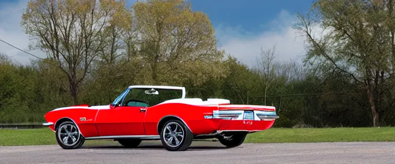 Prompt: Ermine White Chevrolet Camaro Z/28 Convertible (1967), red interior, soft top, created by Barclay Shaw