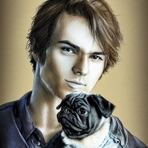 Prompt: self portrait, young handsome man with short light brown hair and light sking holding a pug for a picture, pencil art, added detail, high definiton, colored, backfacing, by yoji shinkawa