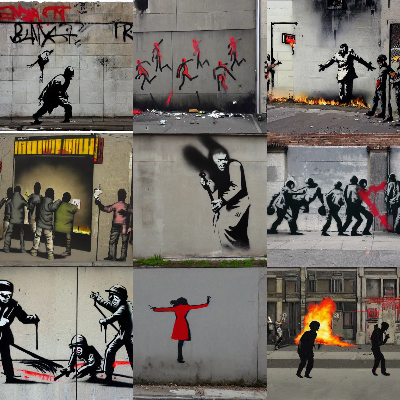 Prompt: street riots by Bansky