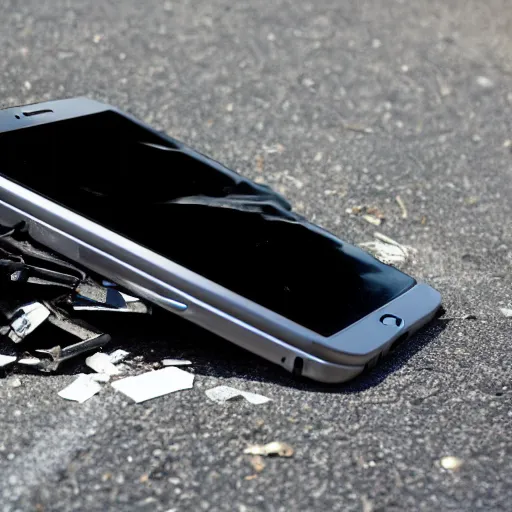 Prompt: car accident, totalled cars, thousands of broken phones on asphalt, cracked iPhone screen, photo