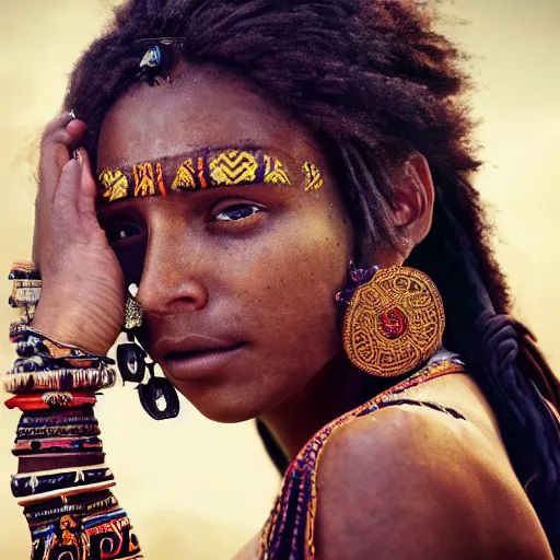 Image similar to portrait of a stunningly beautiful tribal female, depth of field, zeiss lens, detailed, symmetrical, centered, fashion photoshoot, by Annie Leibovitz and Steve McCurry, David Lazar, Jimmy Nelsson, Breathtaking, 8k resolution, extremely detailed, beautiful, establishing shot, artistic, hyperrealistic, beautiful face, octane render