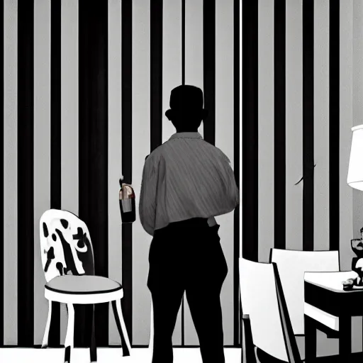 Image similar to Epic Masterpiece wide angle of noir detective standing in apartment holding a bottle of alcohol, venetian blinds in the background, table and chairs against the wall, black and white, drawn by norman rockwell, james jean, background by James Jean, 4k, hdr, octane render, hyperrealistic