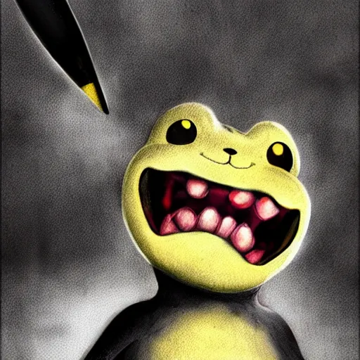 Image similar to ultra realistic pikachu from pokemon with a bloody smile + mouth full of sharp fangs + horror vibe + by junji ito - w 1 0 2 4