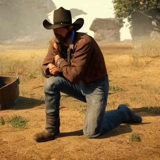 Prompt: a cowboy from the old west kneeled on the ground with a small hole and a broken shovel near a riverbend with his fists raised in desperation and anger rendered in unreal engine highly detailed