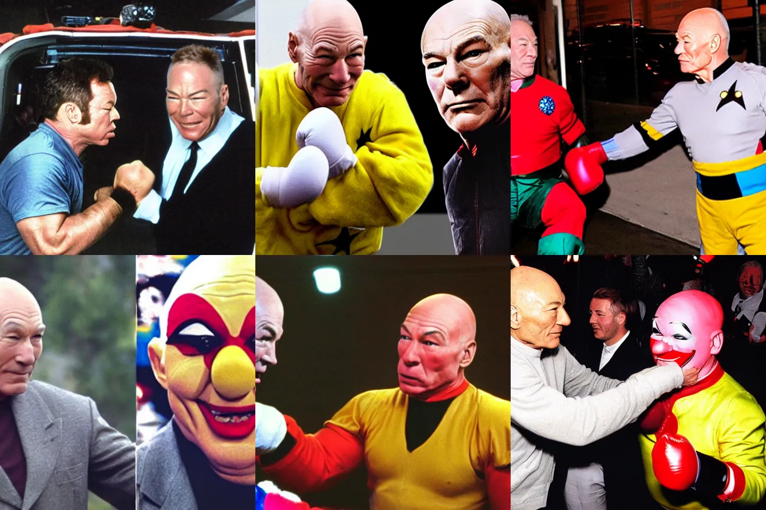 Prompt: a paparazzi photo of Patrick Stewart punching William Shatner in a clown outfit, realistic, wide angle