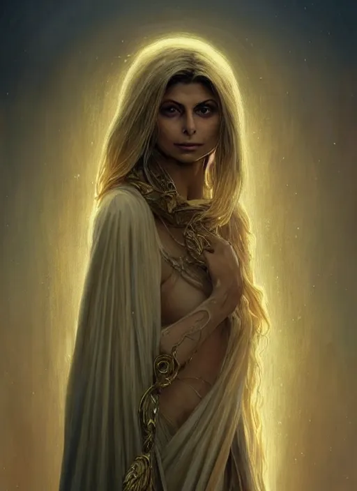 Image similar to Portrait of a beautiful Morena Baccarin, blonde shaggy hair, cloak, ethereal wings, fantasy, extremely detailed, digital painting, artstation, concept art, smooth, sharp focus, illustration, stunning lighting, art by artgerm and greg rutkowski and alphonse mucha and simon stalenhag, realistic character concept, high fantasy, light atmosphere, golden ratio, cinematic lighting, hyperdetailed, high resolution, insanely detailed and intricate, artstation, Marc Simonetti, Greg Rutkowski, 8k