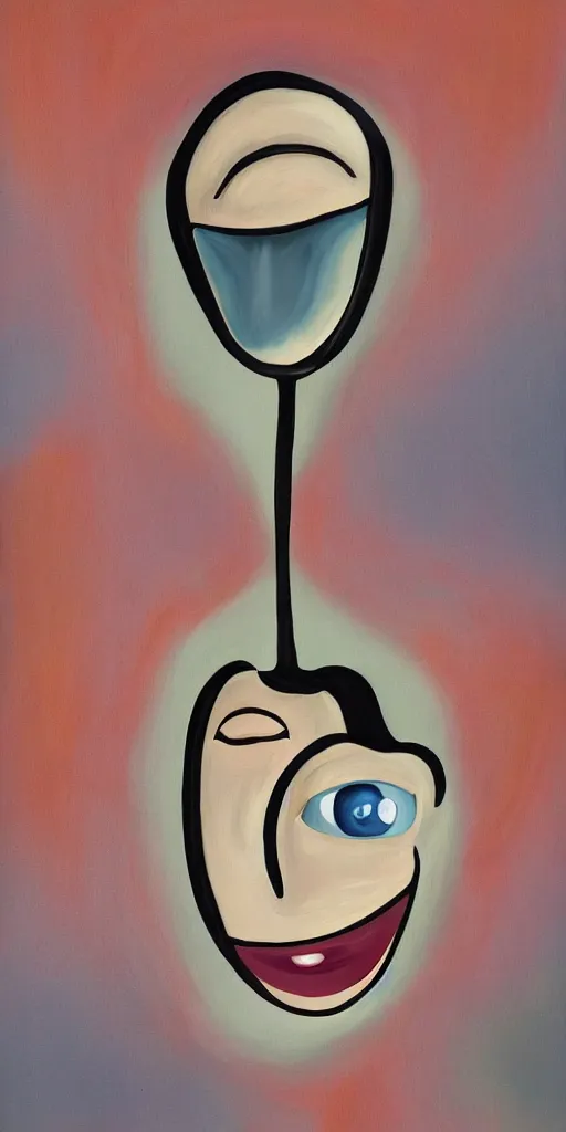 Image similar to surreal painting illustration of a humanized spoon with eyes and a smile