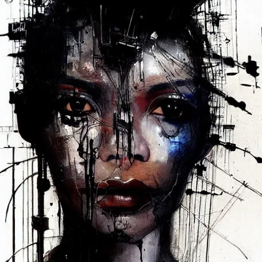 Image similar to black female cybernetic dream hunter, cyberpunk, wires, skulls!! machines ( by emil melmoth zdzislaw belsinki craig mullins yoji shinkawa ) realistic render ominous detailed photo atmospheric by jeremy mann francis bacon and agnes cecile ink drips paint smears!! digital glitches glitchart!!