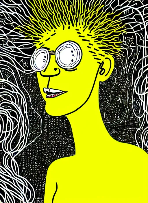 Prompt: highly detailed closeup portrait of wasteland long glowing yellow and white plasma hair cute happy tribal lady, stray electric spark wiring by jean jullien, 4 k resolution, gradient yellow, black and white color scheme!!! ( ( dystopian city background ) )