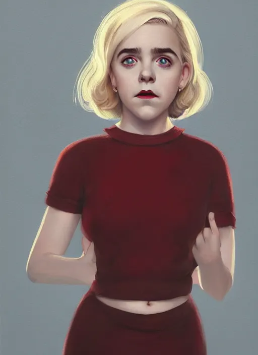 Image similar to full body portrait, kiernan shipka as sabrina spellman, white hair, obese, bangs, sultry, realistic, sultry smirk, fluffy bangs, freckles, fat, belly, intricate, elegant, highly detailed, digital painting, artstation, concept art, smooth, sharp focus, illustration, art by wlop, mars ravelo and greg rutkowski