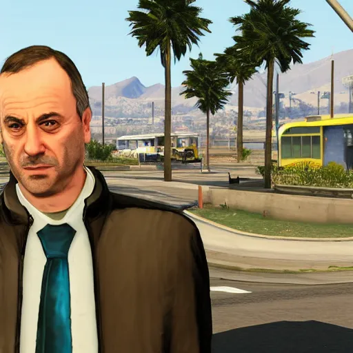 Image similar to Michael Ehrmantraut from Better call Saul in GTA V . Los Santos in the background, palm trees. In the art style of Stephen Bliss.