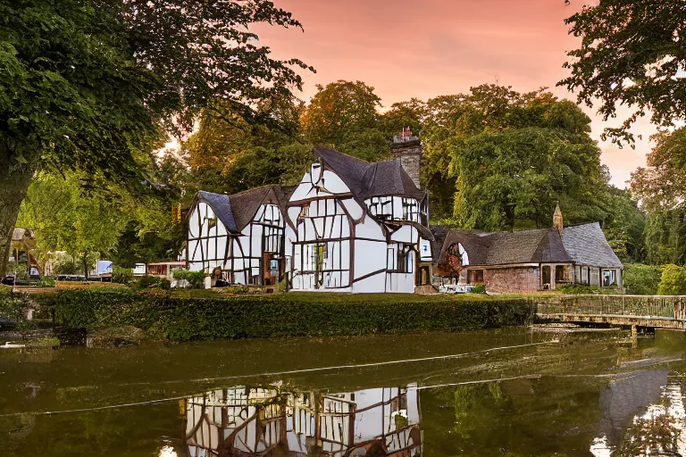 Prompt: tudor style detached house surrounded by skyscrapers, a river flowing through the scene, architecture photography, landscape photography, boathouse in the foreground, dusk