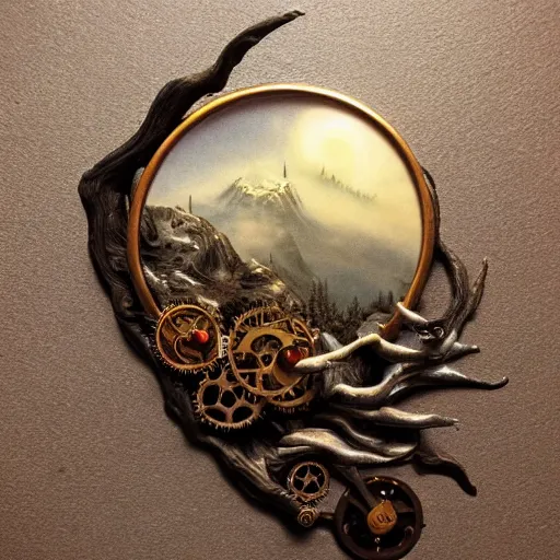 Prompt: steampunk ent from lord of the rings, nautilus, realistic, high detail, dark, natural mountainous background with setting sun, smoke in sky