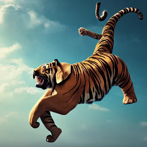 Prompt: beautiful tiger elephant leaping through the sky, epic composition, hyper detailed, digital art, trending in artstation, cinematic lighting, studio quality, unreal engine 5 rendered, art style by klimt and nixeu and ian sprigger and wlop and krenz cushart