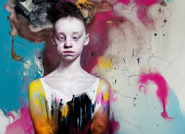 Image similar to portrait of nervous young girl ballerina sitting on the floor focusing in a dance hall by alberto seveso and hernan bas and francis bacon and pat steir and hilma af klint, psychological, photorealistic, symmetrical face, dripping paint, washy brush, matte painting, rendered in octane, altermodern, masterpiece