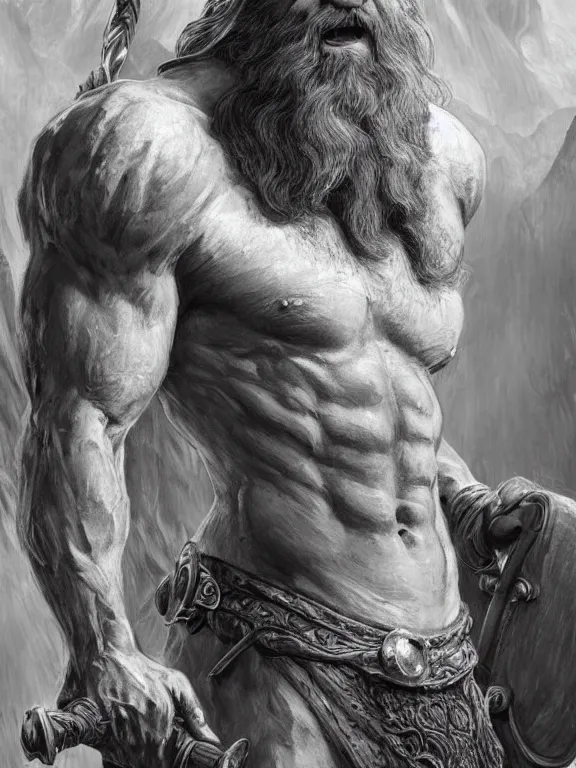 Image similar to painted portrait of rugged odin, god of war, norse god, white hair, masculine, mature, handsome, upper body, grey and silver, muscular, hairy torso, fantasy, intricate, muscular, elegant, hyper detailed, digital painting, artstation, concept art, smooth, sharp focus, illustration, art by gaston bussiere and alphonse mucha