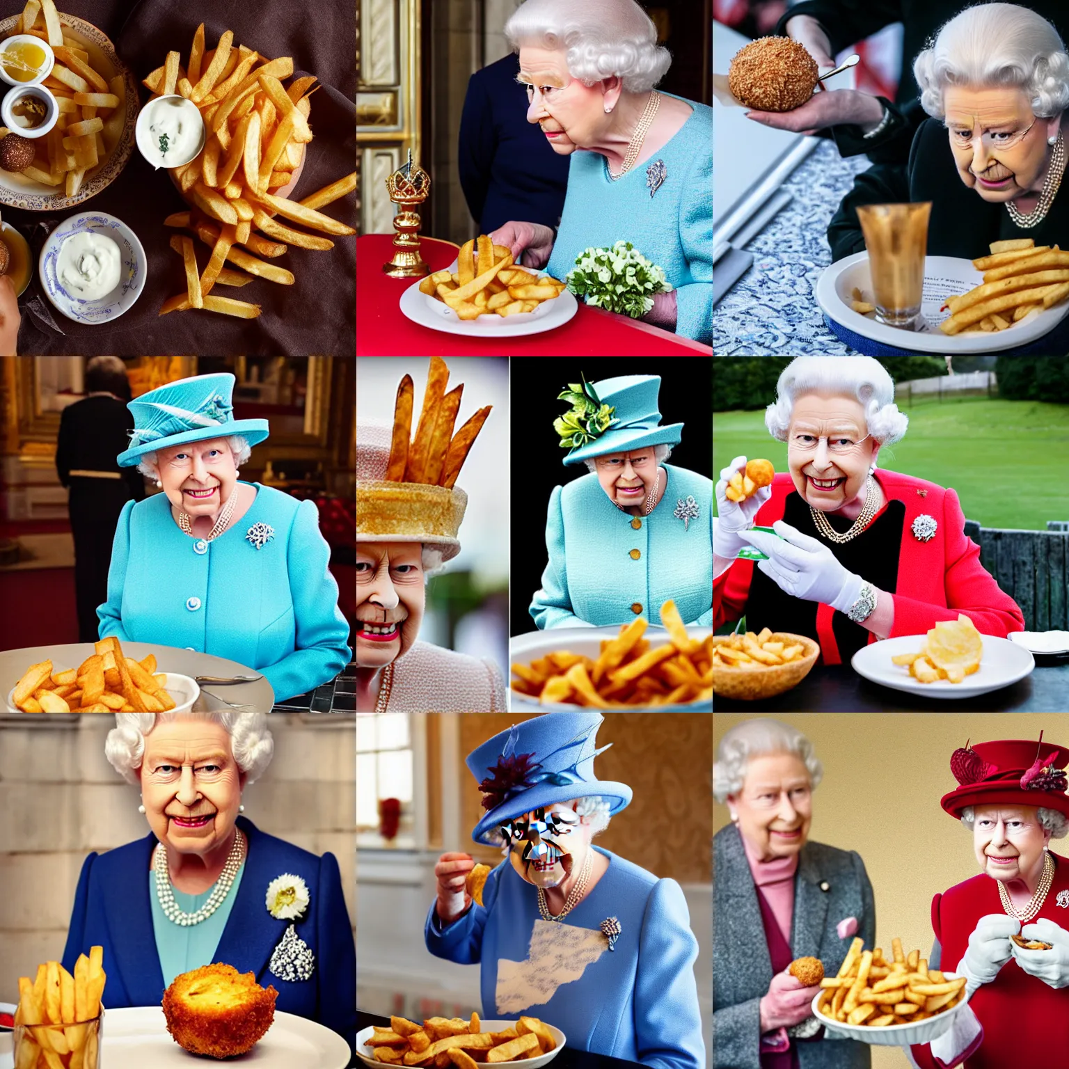 Prompt: The Queen of England eating scotch egg and chips, award winning food photography