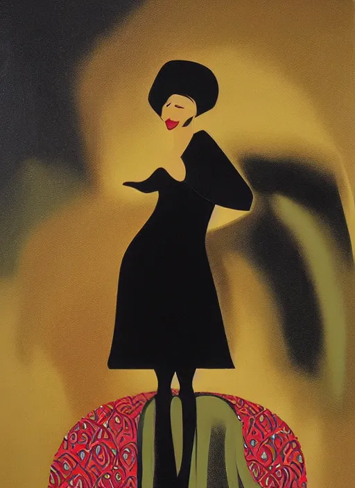 Image similar to an oil painting of a small queen in a black funeral dress sit on a throne, by eyvind earle