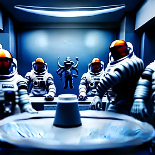 Image similar to astronauts in a meeting, there is a xenomorph behind them holding a blade, hyperrealistic, 3 d, 8 k, unreal engine, octane render, make it look like it was made by dall - e 2