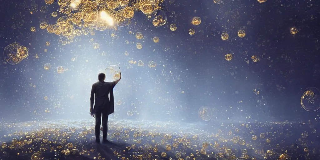 Image similar to swarm of iridescent golden bubbles surrounding a man, by greg rutkowski