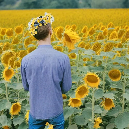 Image similar to kodak portra 4 0 0 photograph of a skinny blonde guy standing in field of sunflowers, back view, flower crown, moody lighting, telephoto, 9 0 s vibe, blurry background, vaporwave colors, faded!,