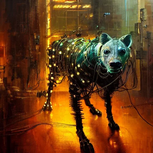 Image similar to robot cyborg hyena, many wires and neon lights exposed, metal and glowing eyes, highly detailed painting by jeremy mann