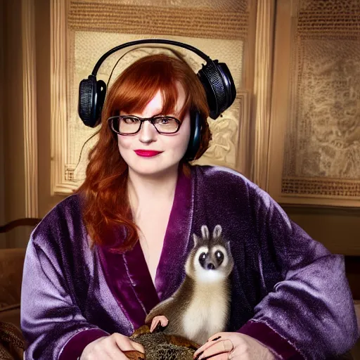 Image similar to a stunning hyper-detailed portrait photo of a beautiful bespectacled woman with long auburn hair and bangs, dressed in a luxurious silk robe, wearing futuristic headphones and posing with raccoons and parrots in an overstuffed easy chair in her sunlit living room, holding a coffee mug decorated with raccoons, and holding a strawberry-glazed donut and smoking an elaborate hookah, perfect eyes, octane render, unreal engine, 85 mm lens,