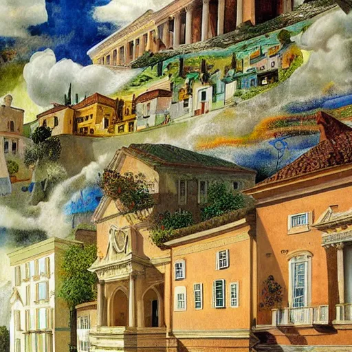 Image similar to solarpunk dreaming new York stock exchange in a toscana landscape with modern houses, painted by Salvador Dali, highly detailed