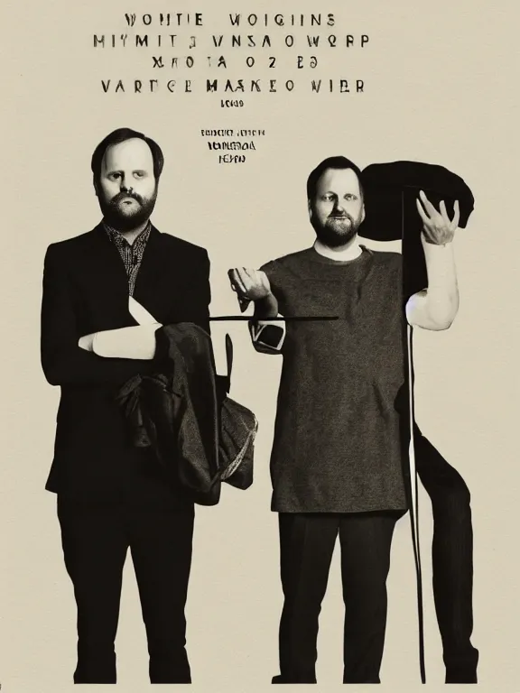 Image similar to Poster for a Yorgos Lanthimos movie featuring two black and white uncomfortable man, minimalism, beige background, realistic, 4k, in the style of Vasilis Marmatakis