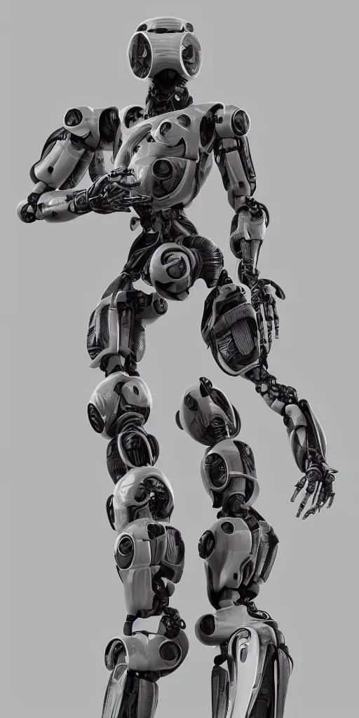 Image similar to a robot is standing in a black and white photo, a 3 d render by senior character artist, cgsociety, afrofuturism, hard surface modeling, cryengine, zbrush