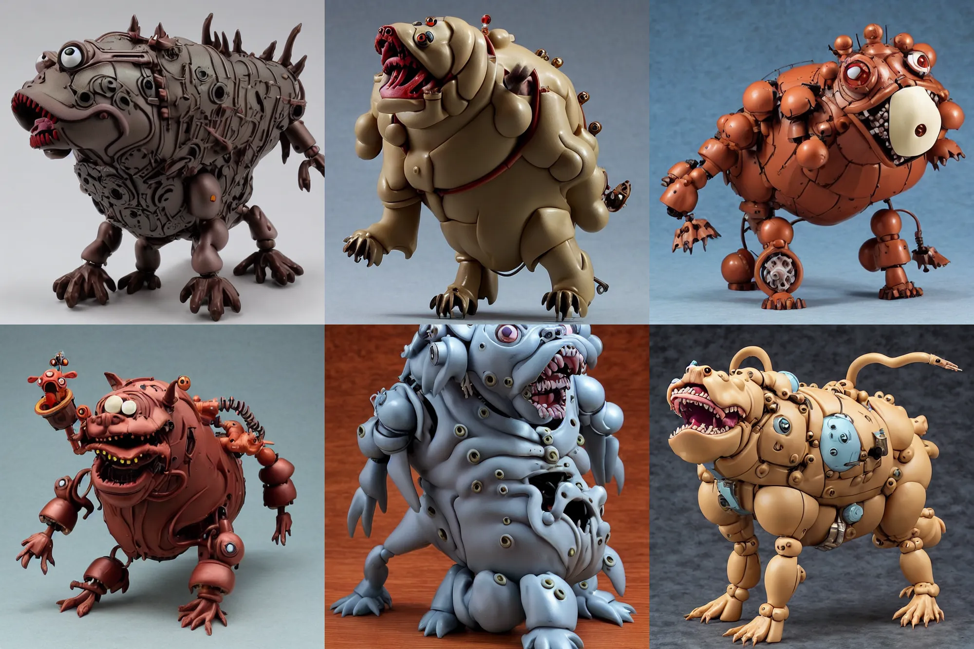 Prompt: A Lovecraftian scary giant mechanized adorable Bulldog from Studio Ghibli Howl's Moving Castle (2004) as a 1980's Kenner style action figure, 5 points of articulation, full body, 4k, highly detailed. award winning sci-fi. look at all that detail!
