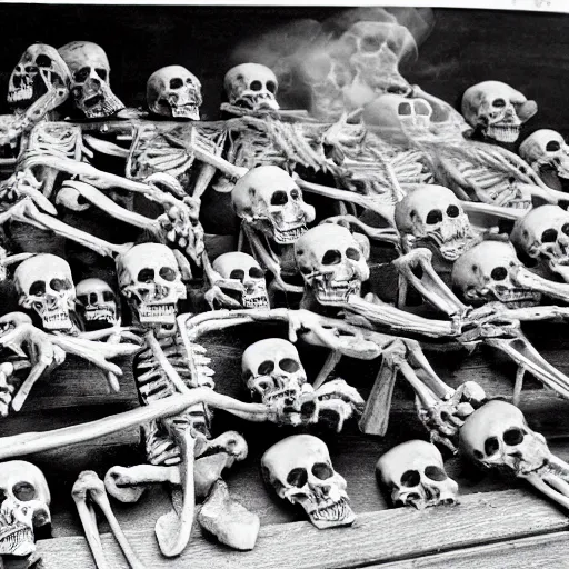 Prompt: Numerous skeletons holding and smoking cigars, black and white image