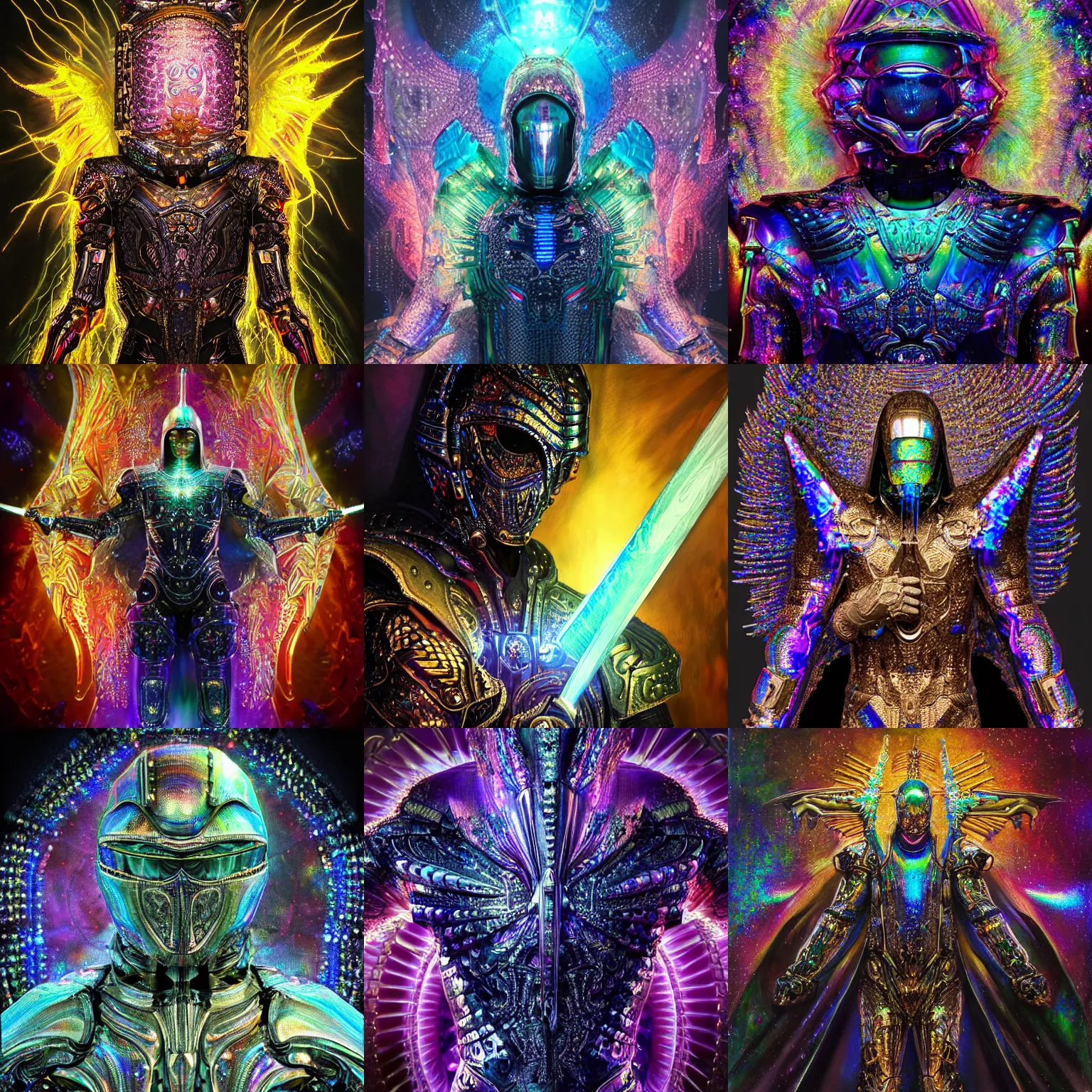 Prompt: Realist highly intricate dark iridescent subtle detailed painting of a powerful hooded divine royal omnipotent being wearing body armor and brandishing a precious futuristic cosmic sword of vivid iridescent flame, human face, biomechanical complex torso covered in iridescent 3D processor microchips, 3D render, 4K, symmetry, rich style, iridescent smoke behind, crystallic megastructure background, artstation, iridescent, badass, galactic deity, dark ominous stealth, depth of field, award winning on artstation, artgerm