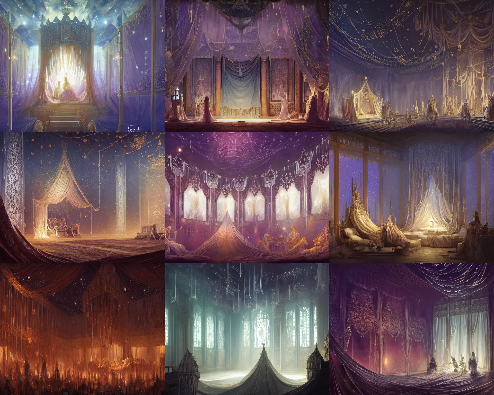 Prompt: royal king isoceles with giant walls and glass ceilings showing the stars and hanging silk drapery and tapestries, light dust, magnificent, close up, details, sharp focus, elegant, highly detailed, illustration, by Jordan Grimmer and greg rutkowski and PiNe(パイネ) and 薯子Imoko and 香川悠作 and wlop and maya takamura, intricate, beautiful, Trending artstation, pixiv, digital Art