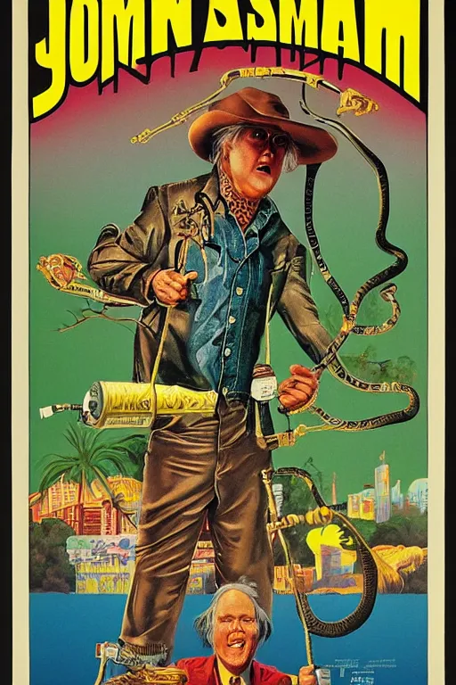 Prompt: poster for the 1 9 8 8 movie'formosan snake oil ', directed by jim jarmusch, starring john lithgow and uncle aloysius, poster by ed roth and basil wolverton ), crisp