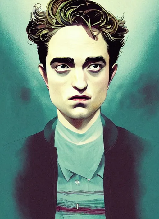 Image similar to poster artwork by Michael Whelan and Tomer Hanuka, Karol Bak, of the young researcher Robert Pattinson from scene from Twin Peaks, clean