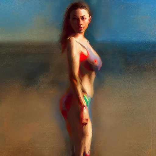 Image similar to A realistic hyperdetailed multi-colored digital oil full body portrait painting of a sydney sweeney at the beach in the style of Guy Denning, Ruan Jia, and Craig Mullins. Trending on ArtStation and DeviantArt. CGSociety Digital art.