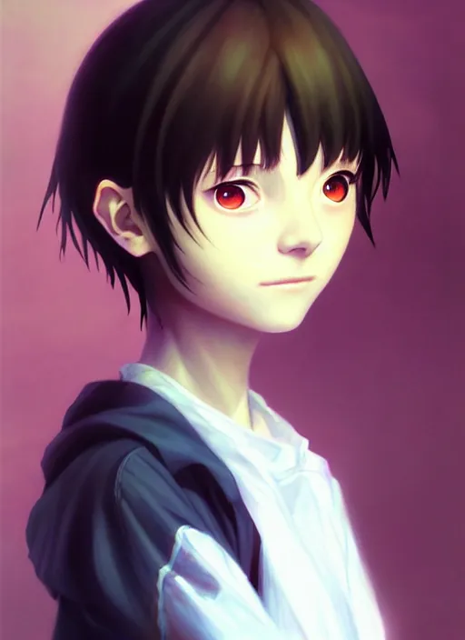 Image similar to a beautiful portrait painting of lain from serial experiments : lain. character design by shinji aramaki, charlie bowater, ross tran, artgerm, and makoto shinkai