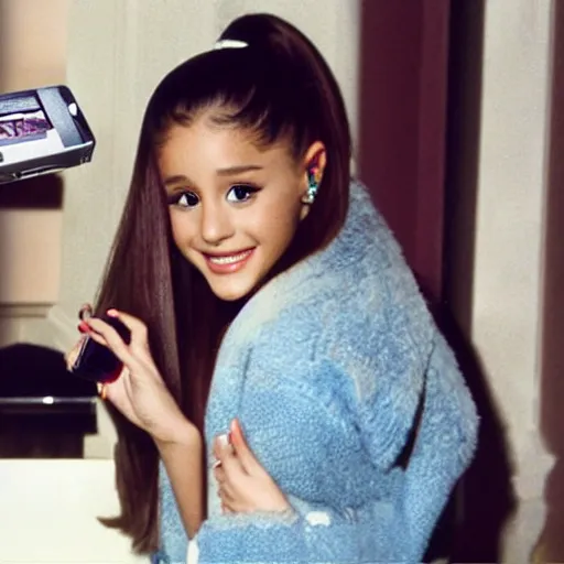 Prompt: ariana grande in 1976 tv commercial holding a phone 4k